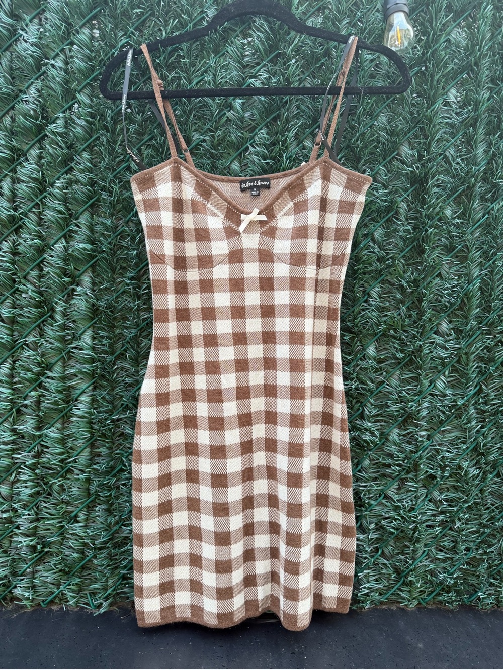 For Love and Lemons Brown and Cream Gingham Knit Slip
